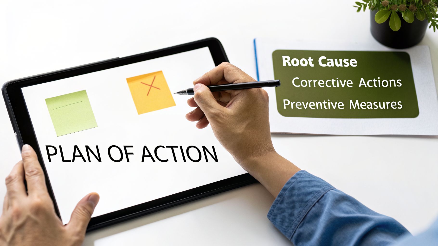 A person writes on a tablet displaying 'PLAN OF ACTION' and sticky notes, next to a document listing 'Root Cause, Corrective Actions, Preventive Measures'.