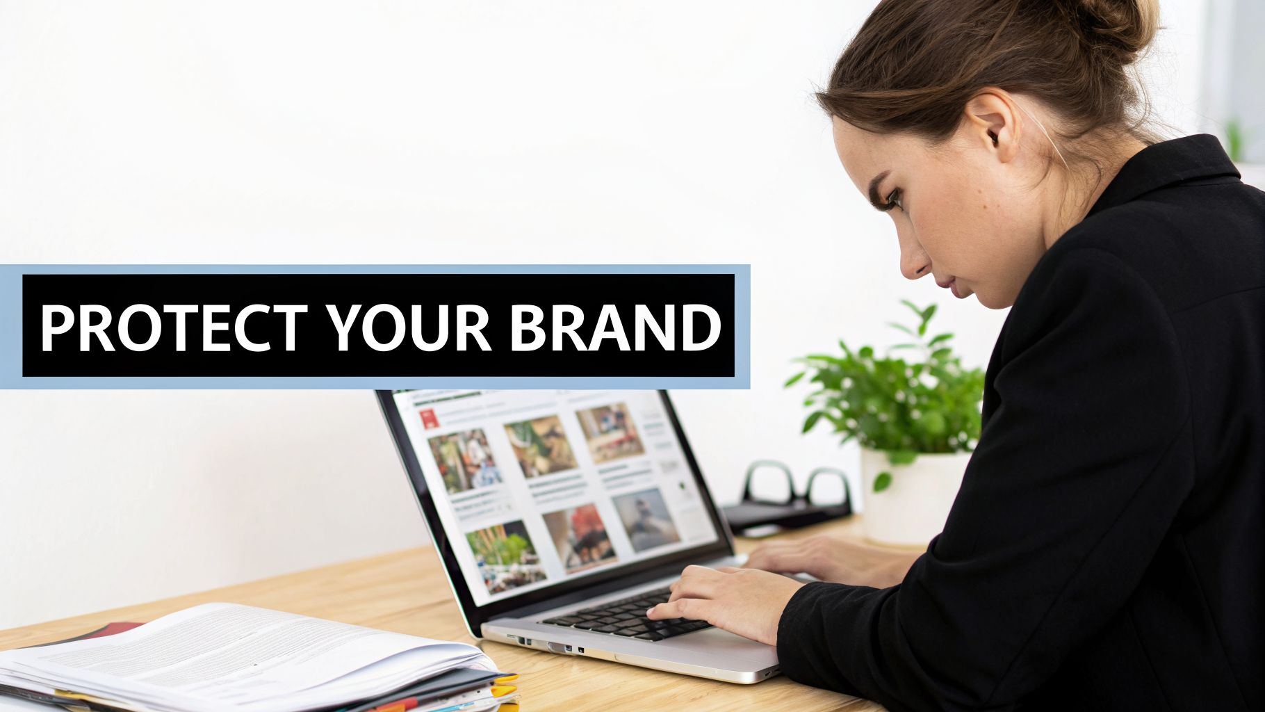 A professional woman working on a laptop, overlaid with "PROTECT YOUR BRAND" text.