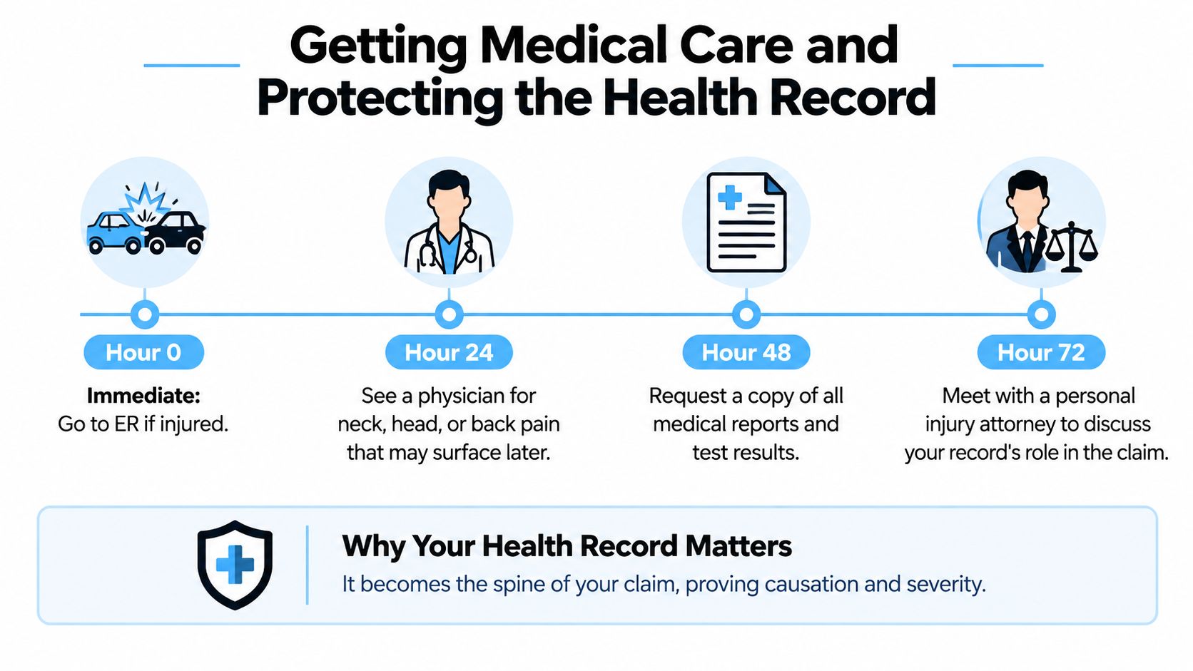 A timeline infographic illustrating the steps for medical care and protecting health records after a car accident.