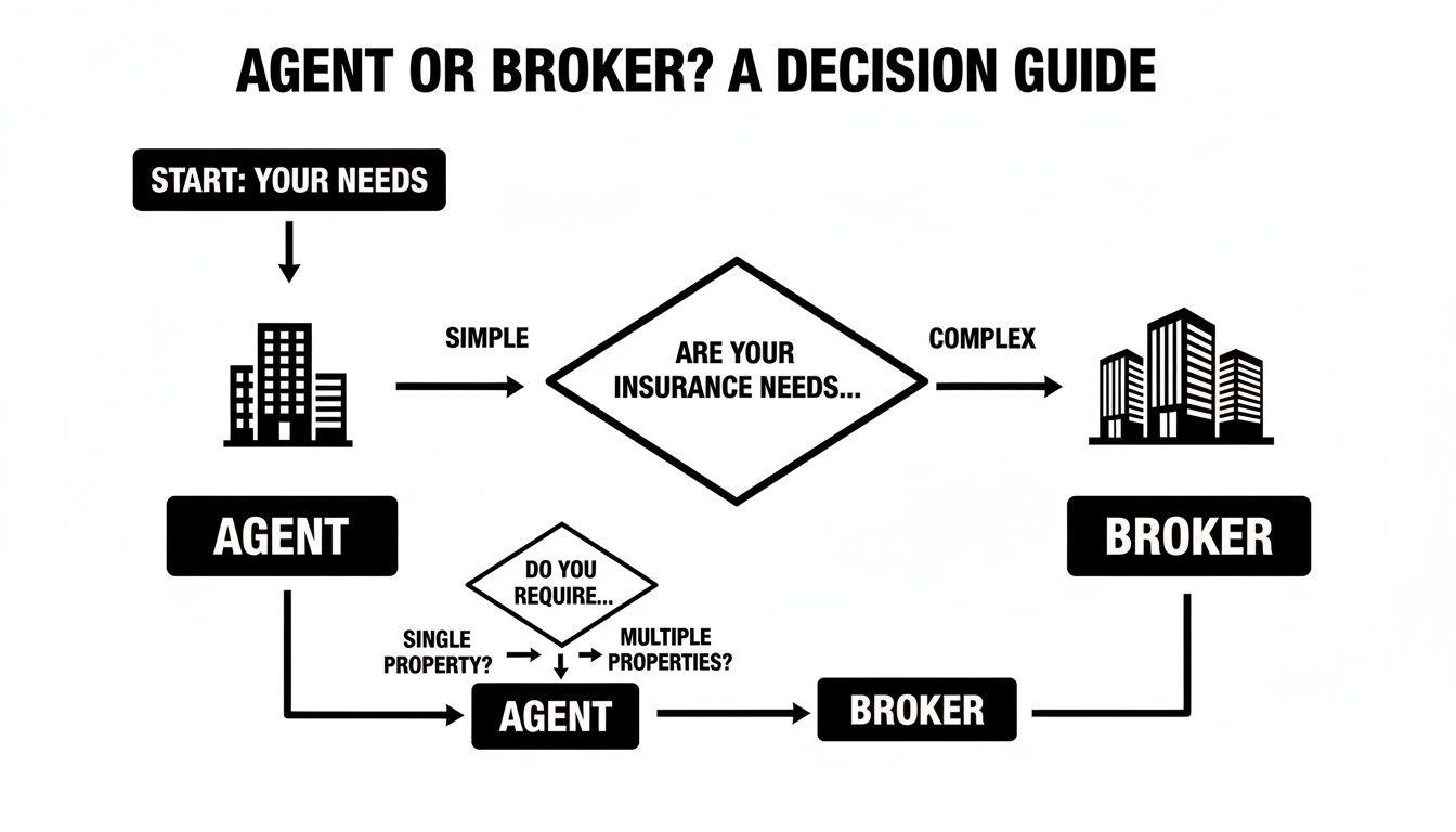 Flowchart decision guide for choosing between an insurance agent or broker based on property needs.
