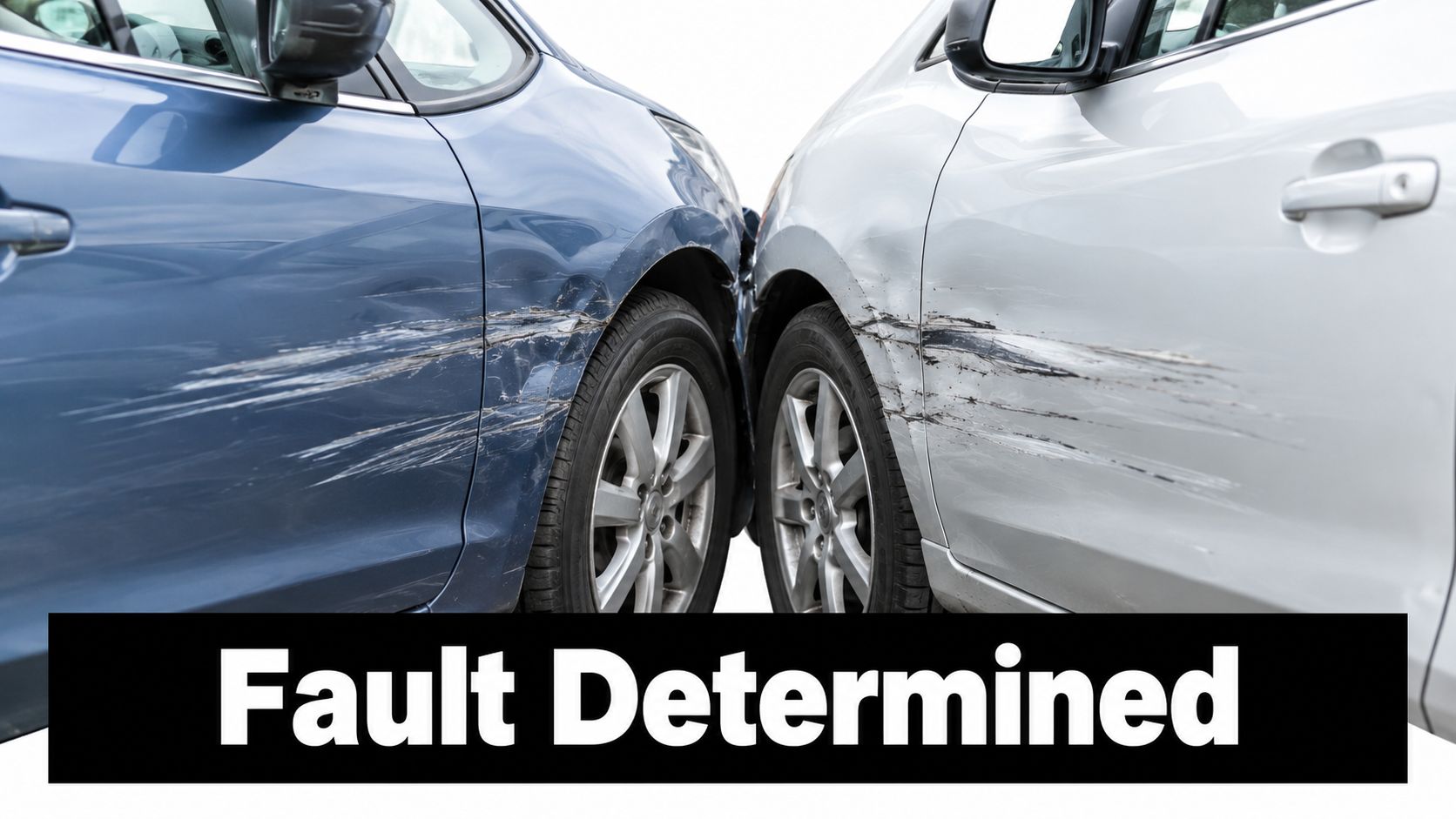 A close-up view of two cars colliding in a sideswipe accident resulting in significant paint damage.