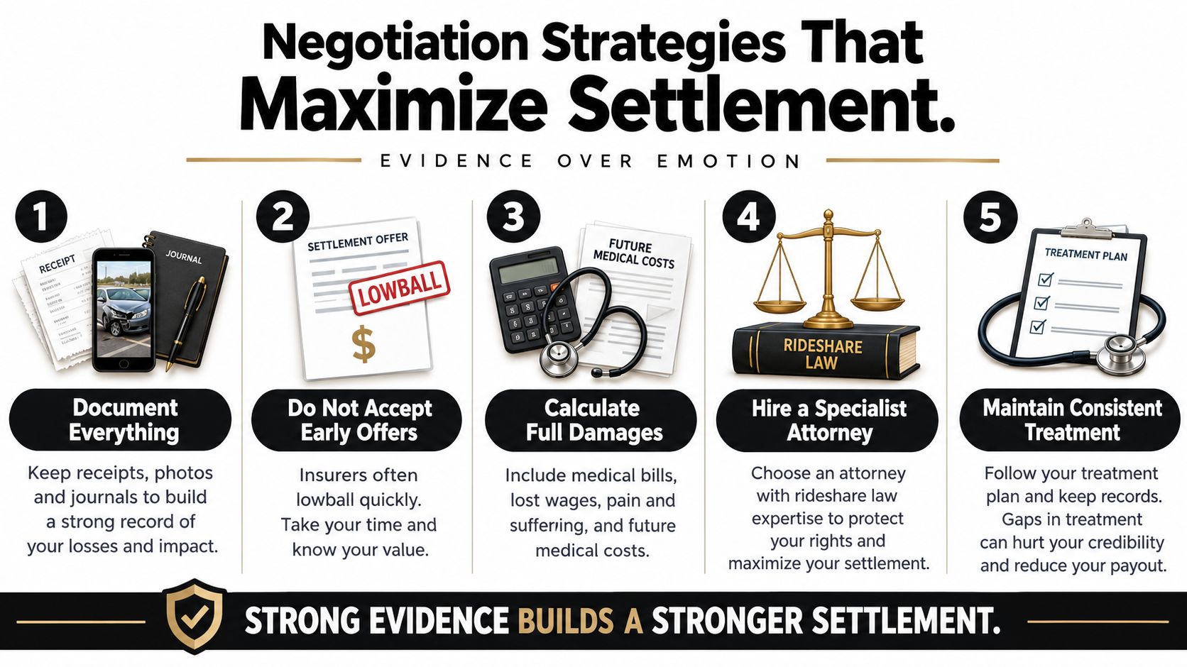 An infographic titled Negotiation Strategies That Maximize Settlement showing five steps for rideshare accident claims.