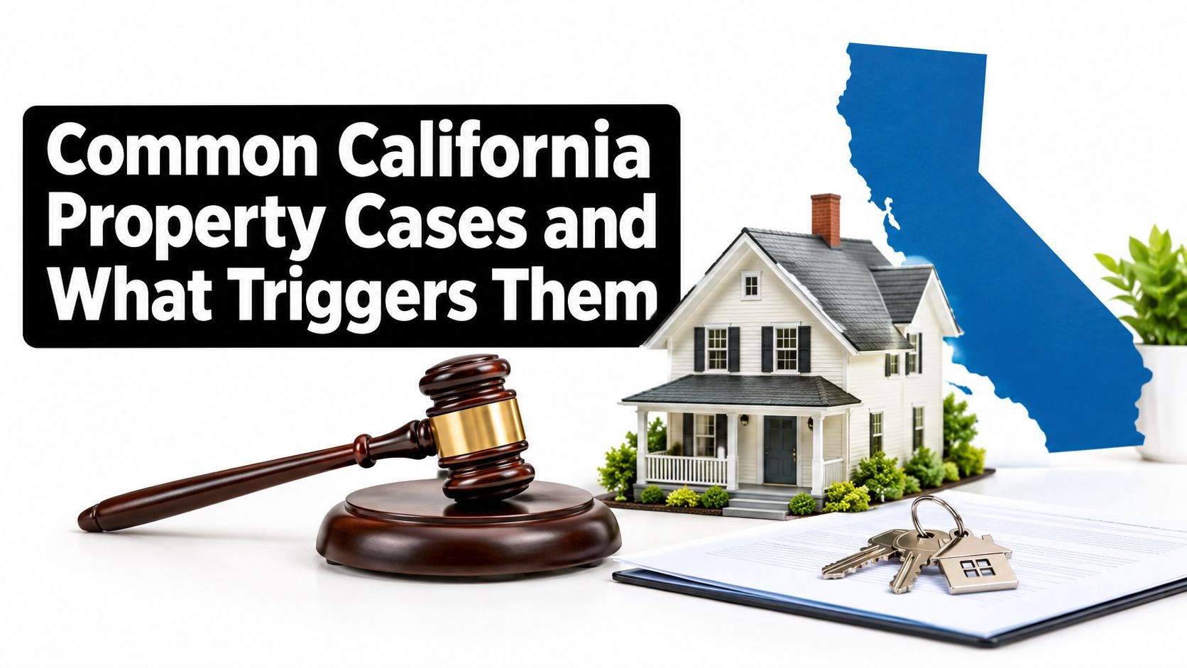 A judge's gavel beside a model house, house keys, and a California map representing legal property disputes.