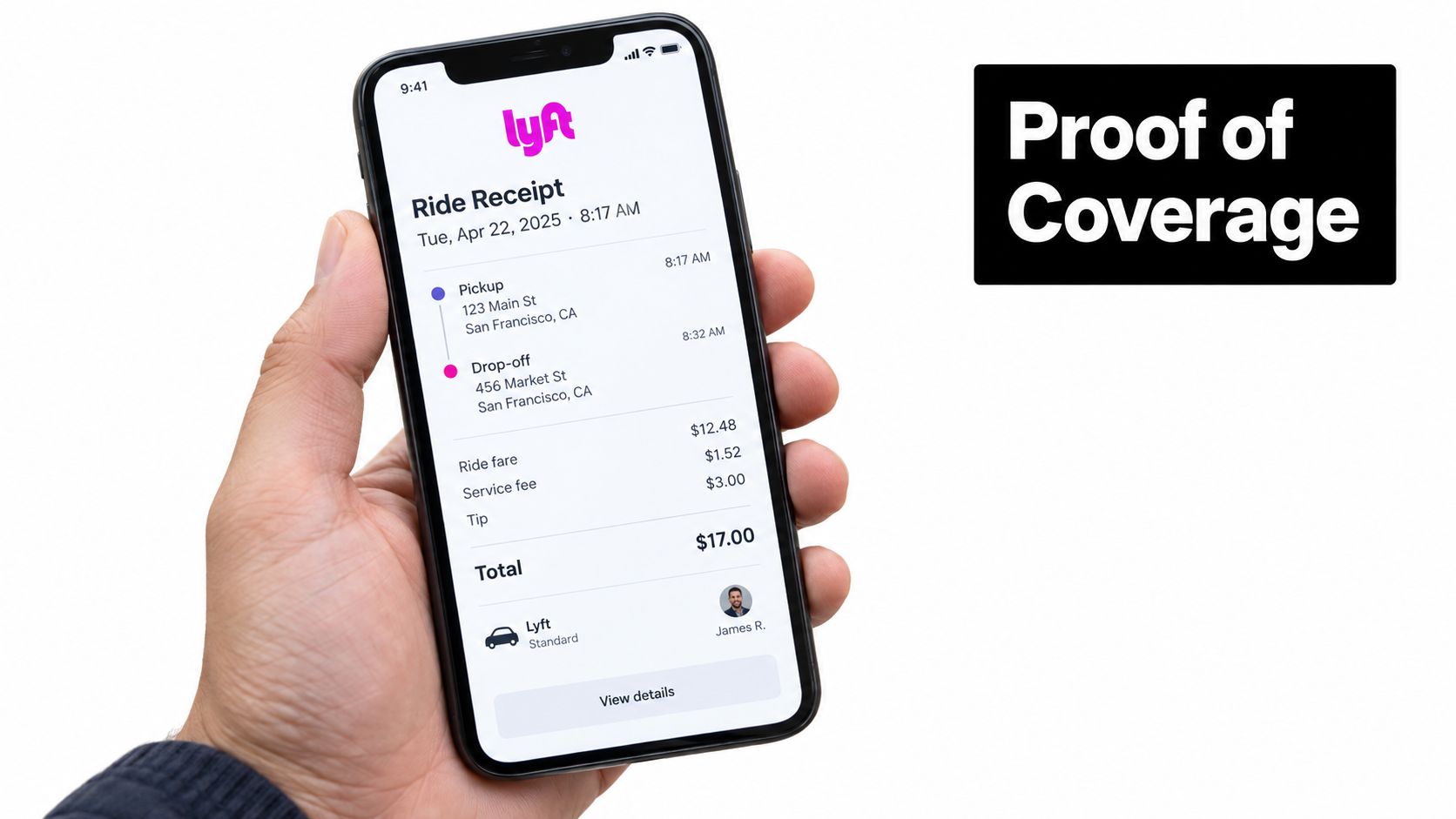 A smartphone held in a hand showing a Lyft ride receipt with a black Proof of Coverage label.