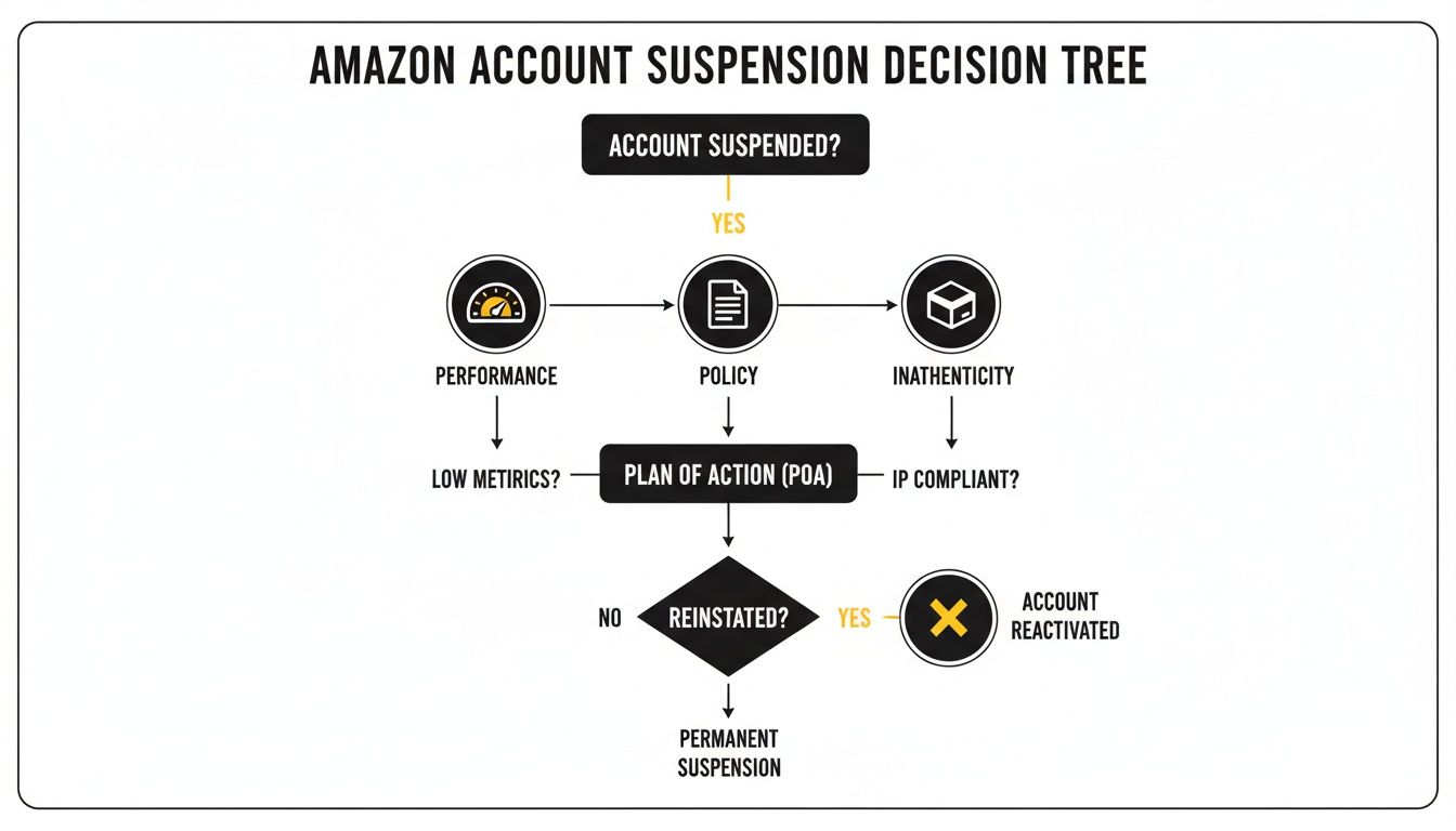 Amazon account suspension decision tree flowchart illustrating reasons like performance, policy, and inauthenticity.