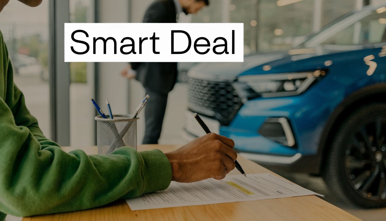 A customer signing a car finance agreement at a dealership with a blue vehicle in the background.