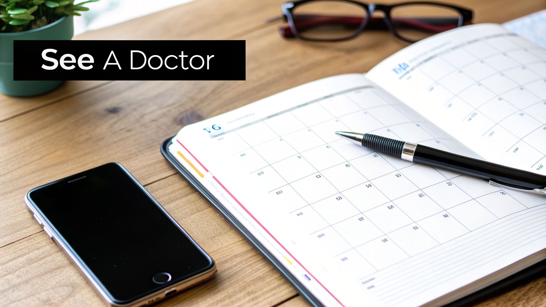 A health reminder to 'See A Doctor' on a desk with a calendar, phone, and glasses.