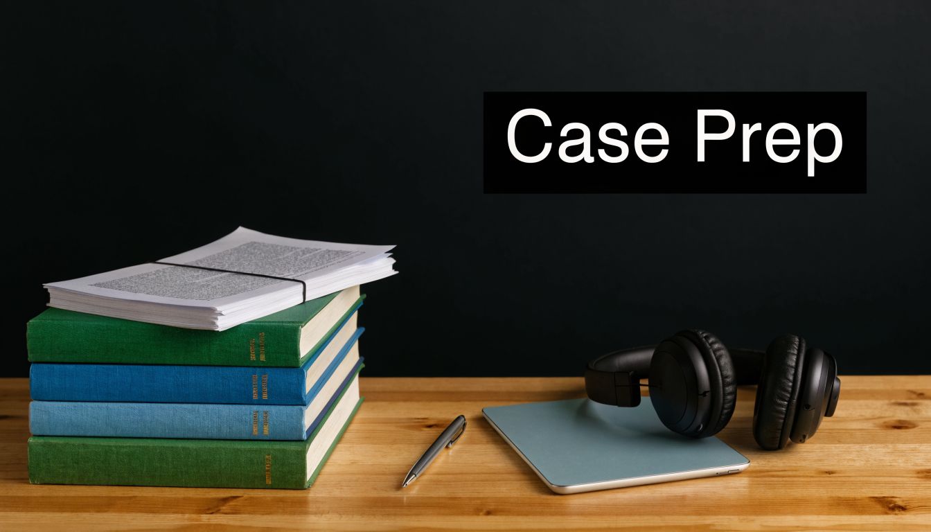 A stack of books with documents, a pen, and headphones sitting on a wooden desk for case preparation.