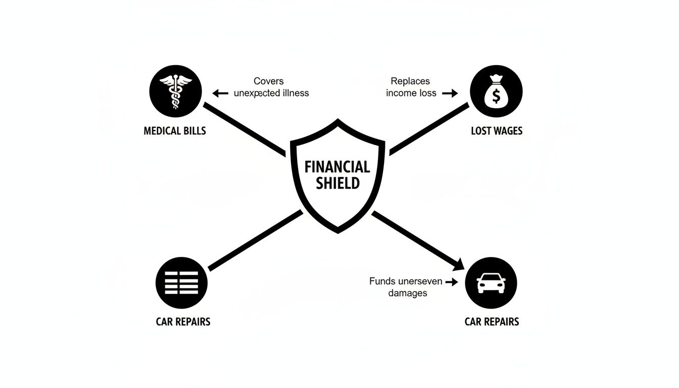 A financial shield protecting against medical bills, lost wages, and car repair expenses.