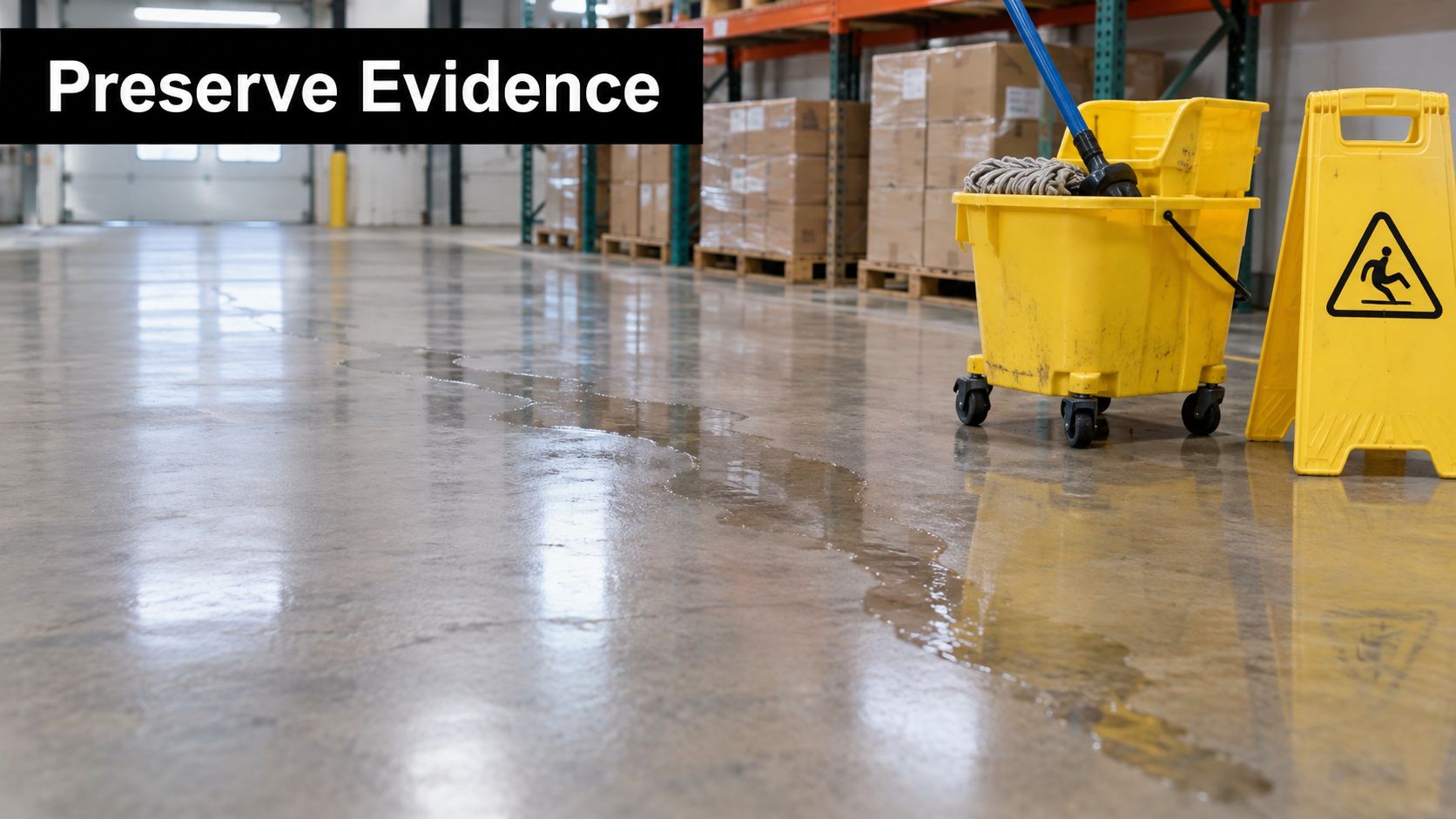 A yellow mop bucket and caution wet floor sign in a warehouse with a water spill nearby.
