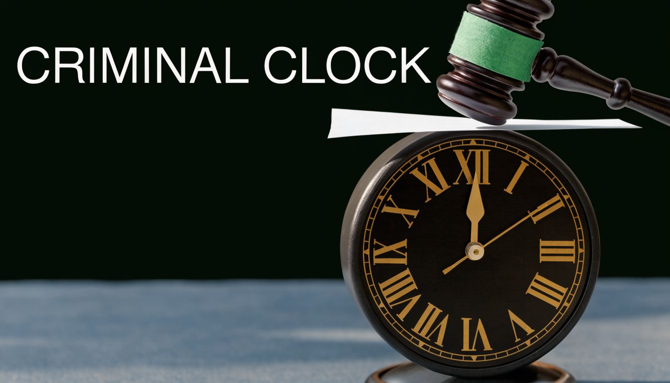 A judge's gavel rests on a white paper placed atop a clock face showing criminal time.