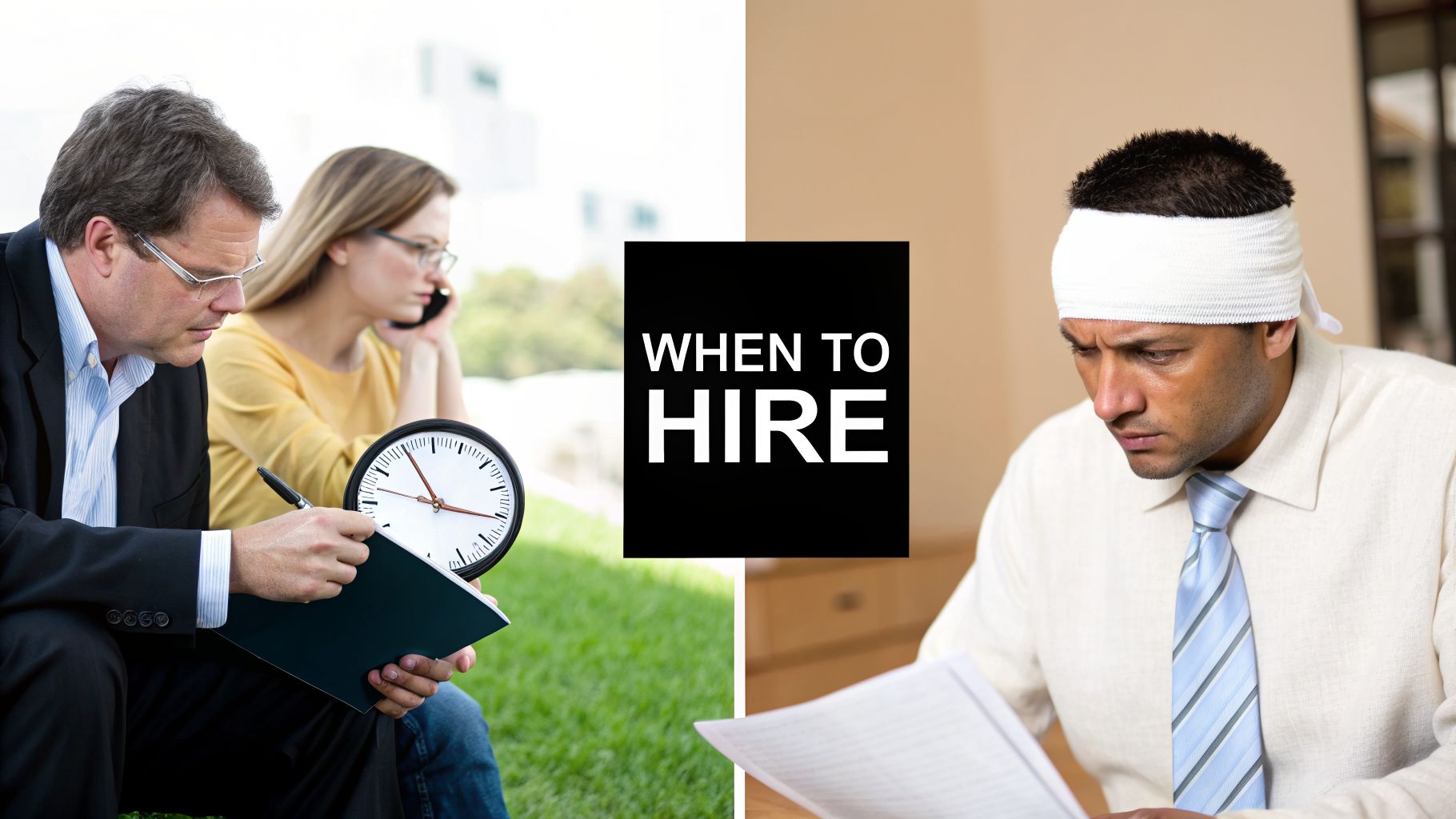 A professional consults a client with a clock, opposite an injured man reviewing documents.