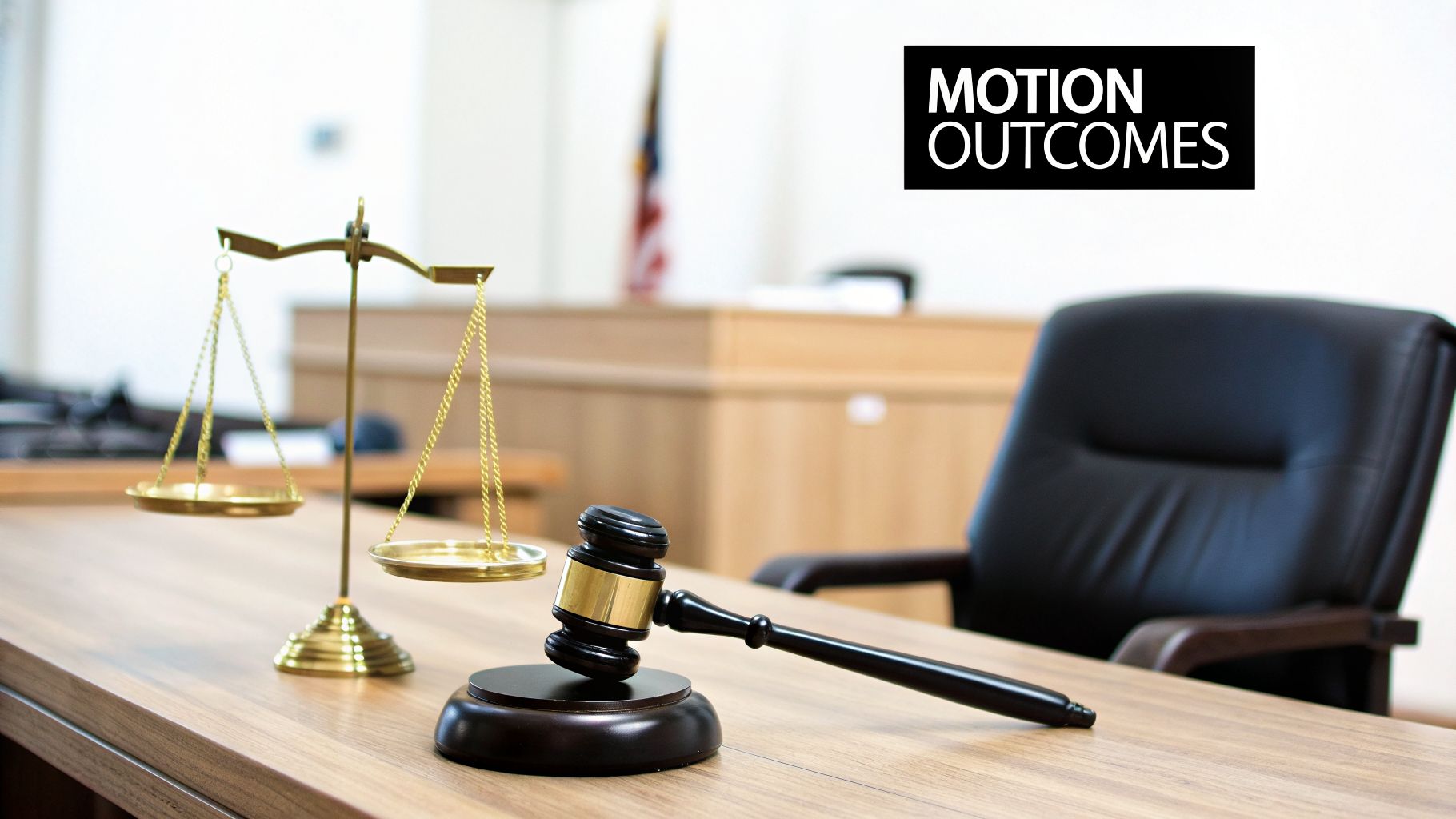 Gavel and scales of justice on a wooden table in a courtroom, signifying legal processes.
