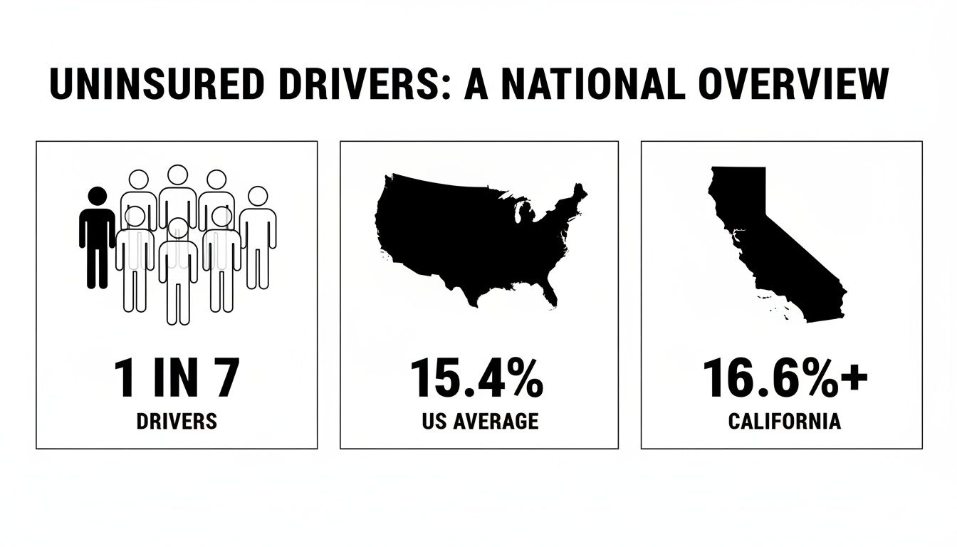Infographic on uninsured drivers showing 1 in 7 drivers, 15.4% US average, and 16.6%+ in California.