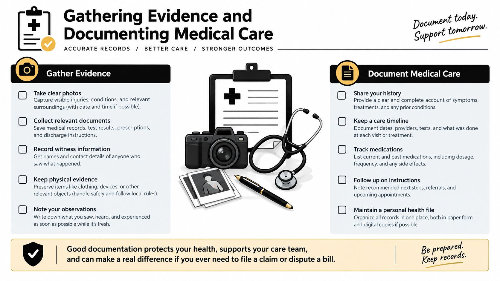 An infographic titled Gathering Evidence and Documenting Medical Care, illustrating steps to track personal medical documentation.