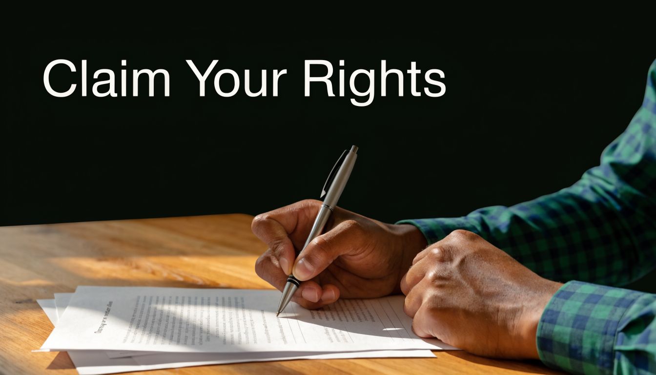 A person in a plaid shirt signing a legal document on a wooden table to claim rights.