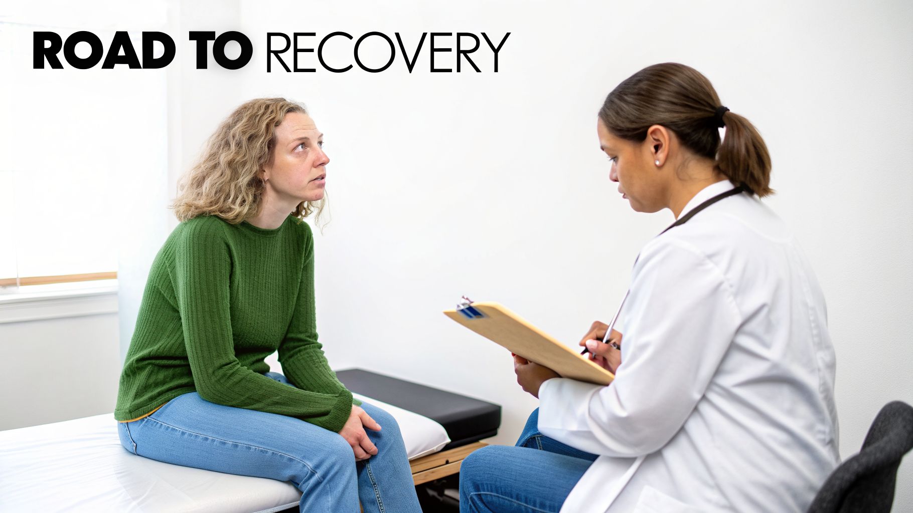A female patient discusses her health with a doctor in a medical office, titled "ROAD TO RECOVERY".