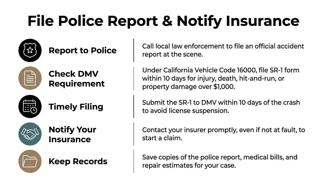 A checklist infographic outlining steps to take after a vehicle accident, including police reports and insurance notification.