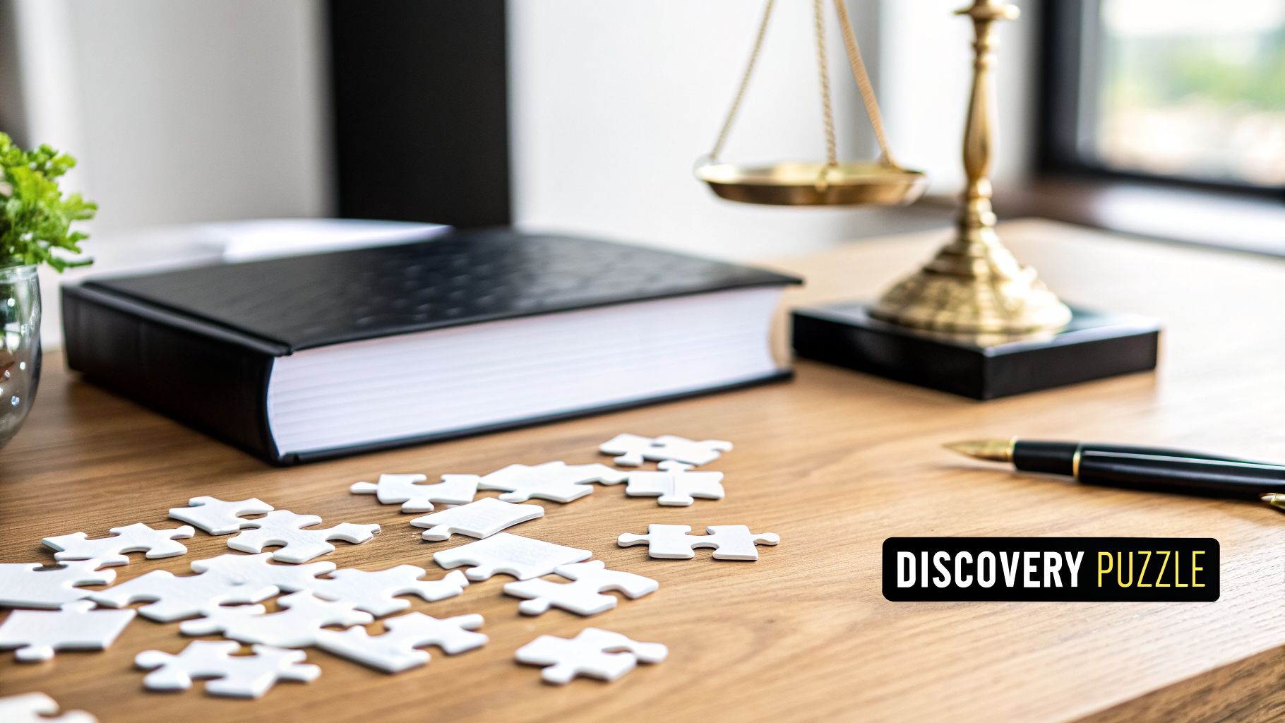 A desk with scattered puzzle pieces, a law book, and scales of justice, symbolizing legal discovery.