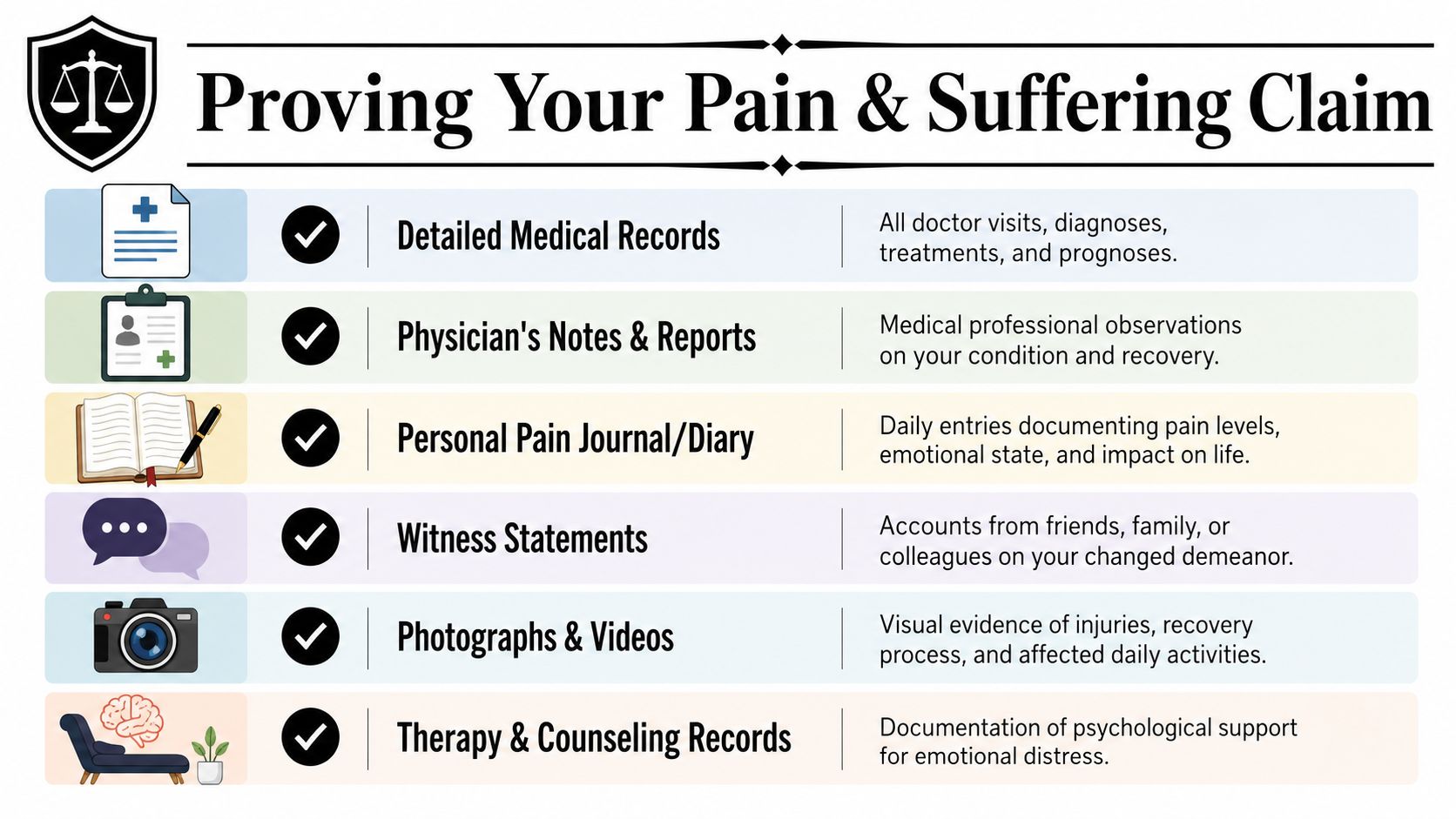 An infographic titled Proving Your Pain and Suffering Claim listing essential documents for legal injury claims.