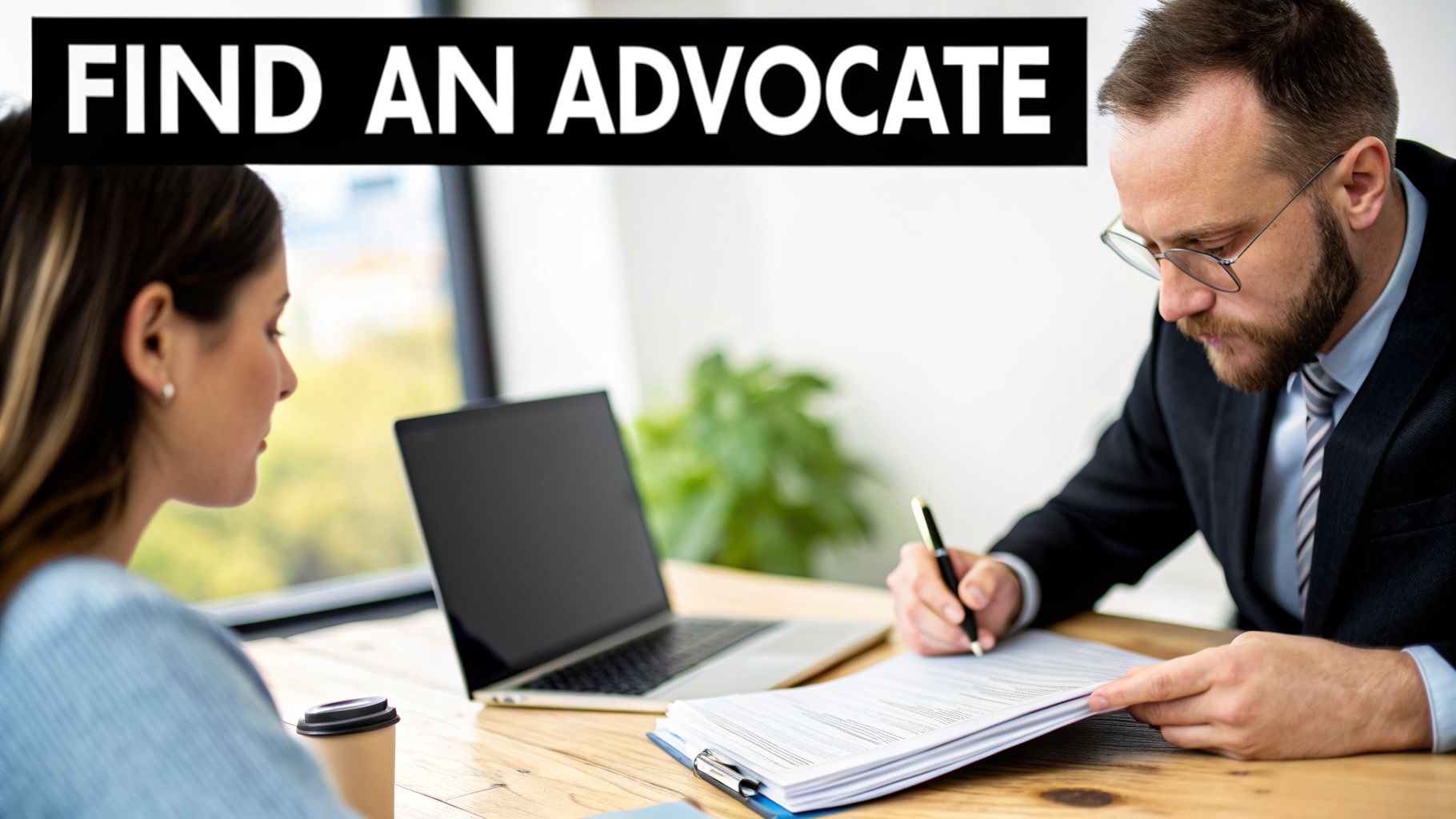 A male advocate helps a female client by reviewing legal documents at a desk.