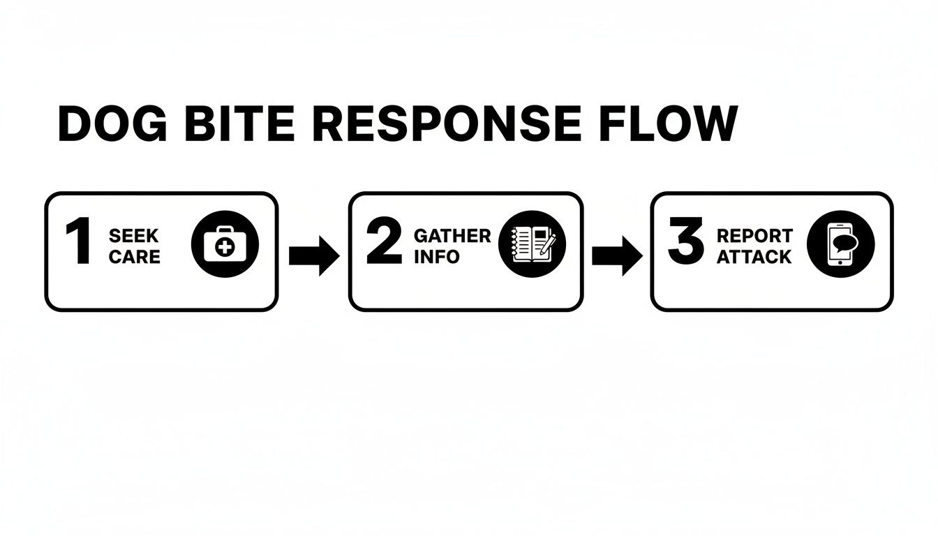 Flowchart detailing three steps for dog bite response: seek care, gather info, and report attack.