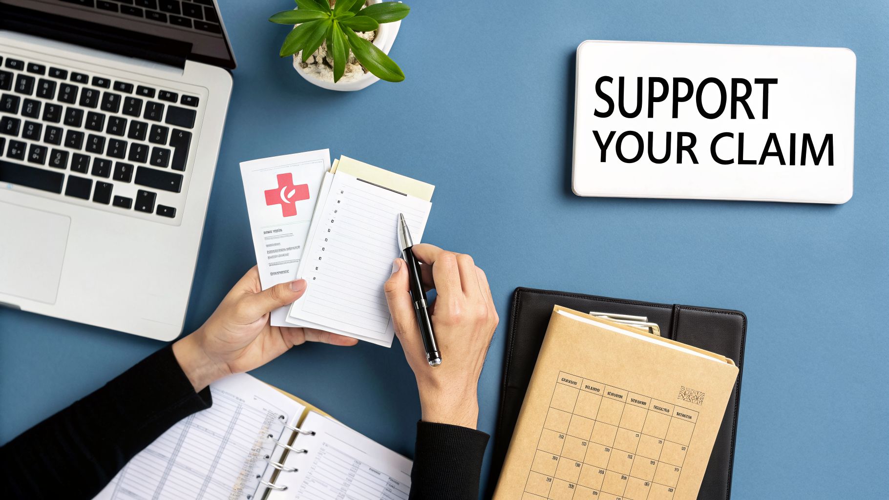 Overhead view of hands reviewing medical documents and writing notes next to a sign saying 'SUPPORT YOUR CLAIM'.
