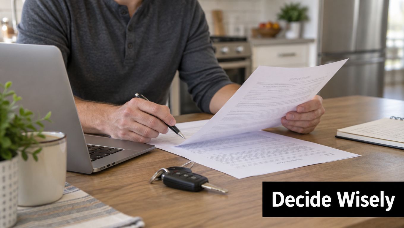 A person reviewing legal documents at a wooden table with a car key and a laptop nearby.