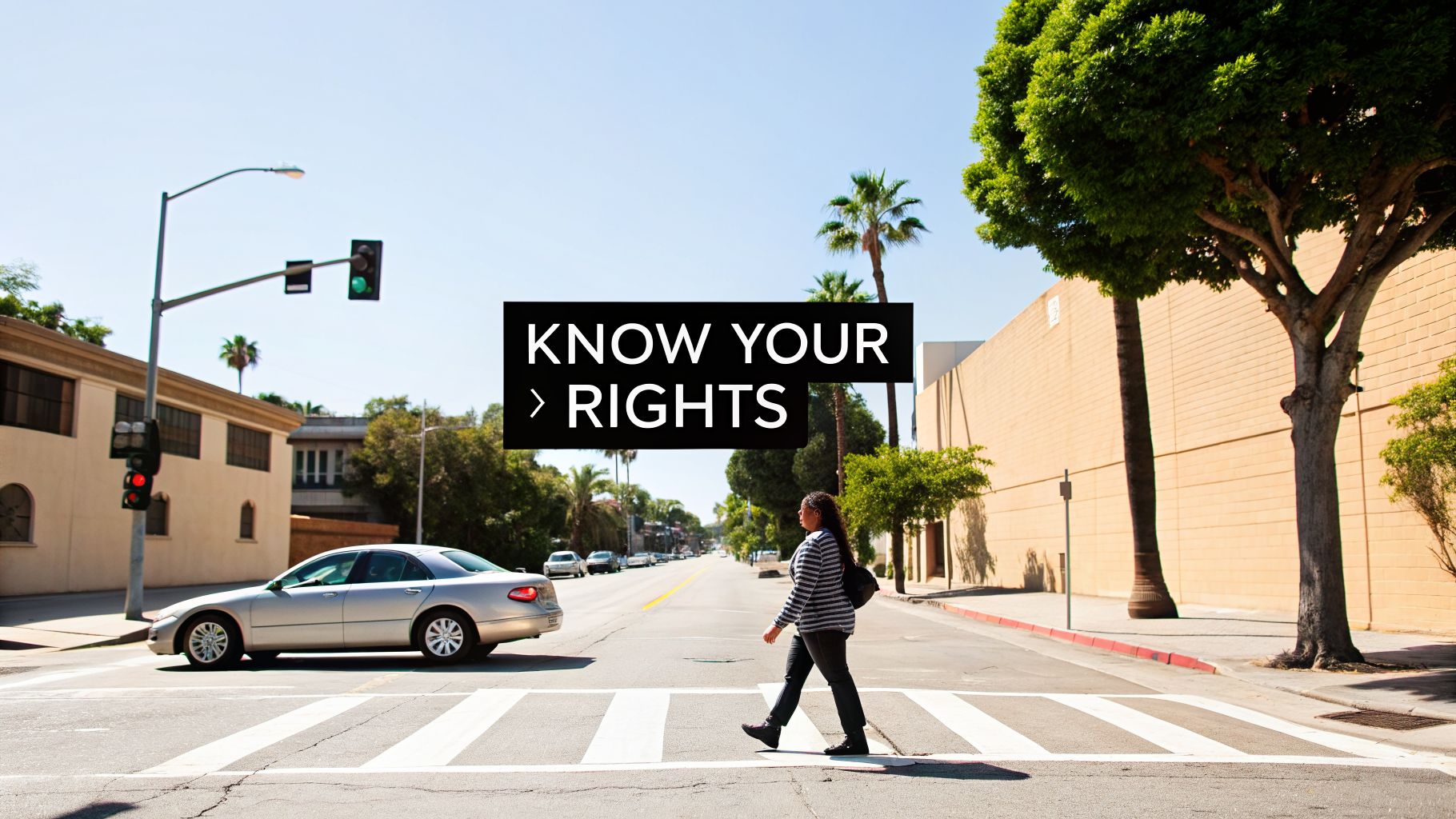 A woman walks across a street at a crosswalk, with a silver car waiting and text "KNOW YOUR RIGHTS".