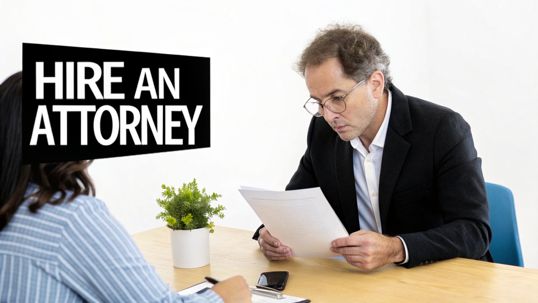 An attorney reviews documents with a client at a desk, with a 'Hire an Attorney' sign.