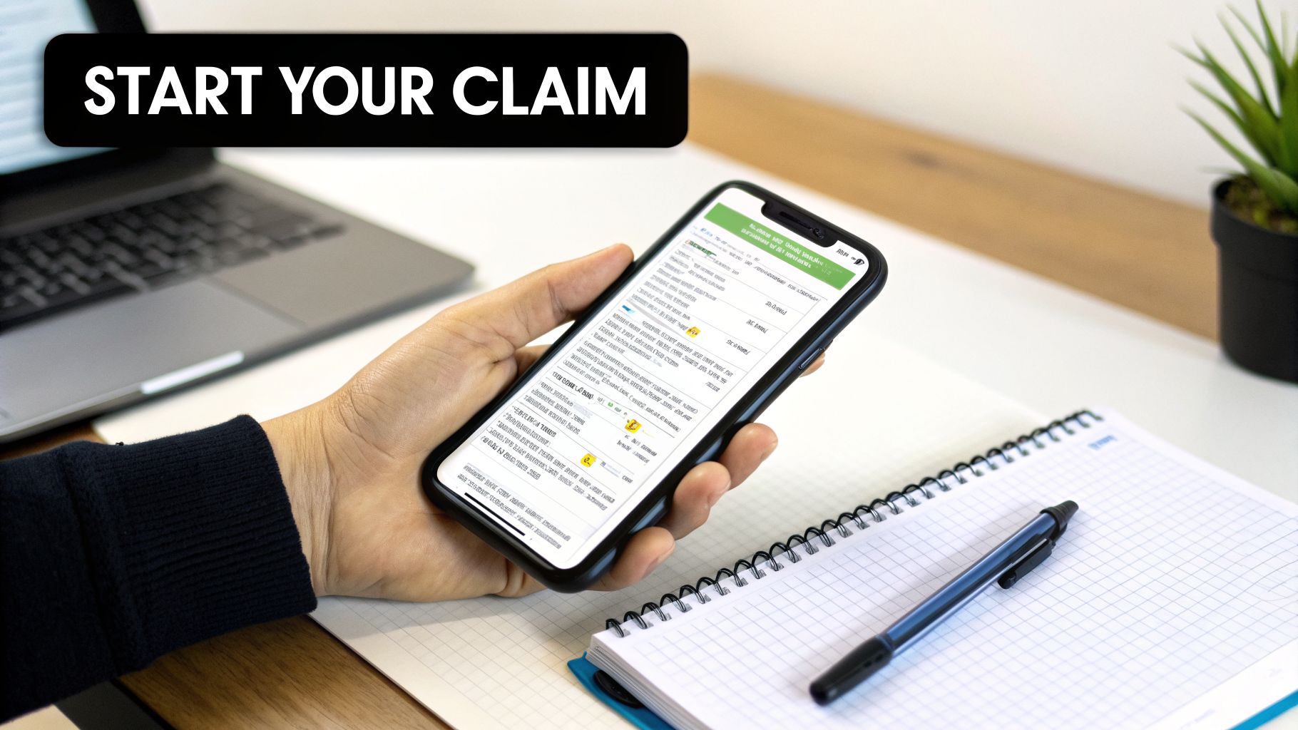 A hand holds a smartphone with a 'Start Your Claim' banner, showing a form next to a laptop.