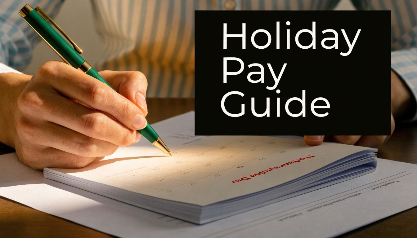 A professional writing on a calendar page marked with a holiday pay guide text overlay.