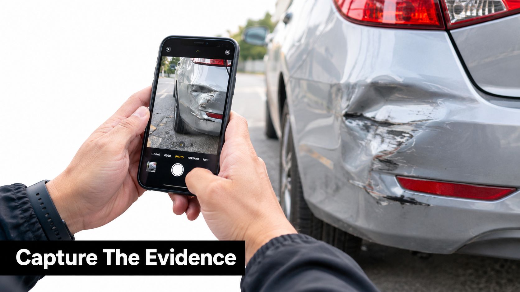 A person using a smartphone to photograph damage on the rear bumper of a silver car.