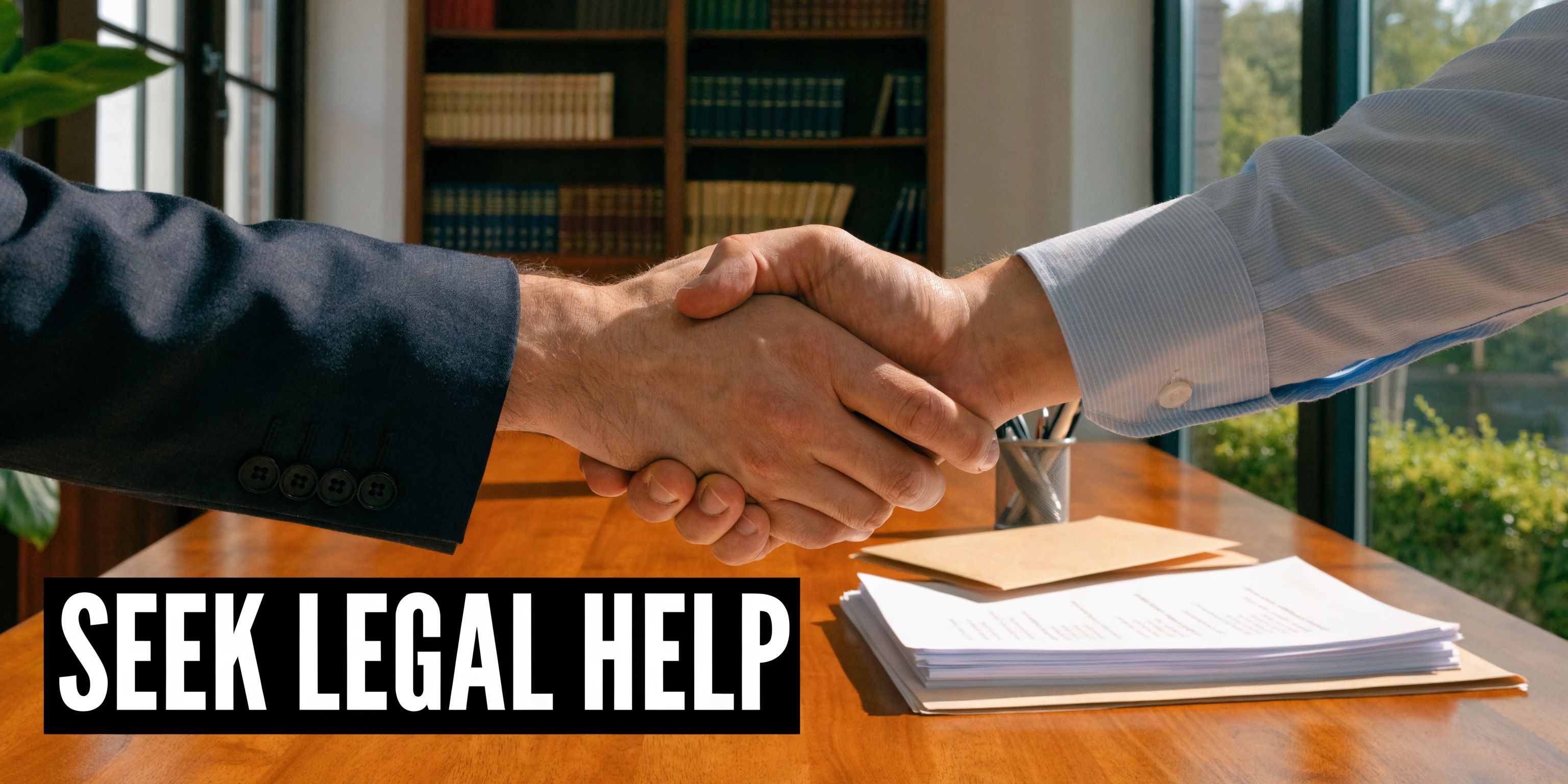 A professional handshake between two people in formal attire over a desk with legal documents.