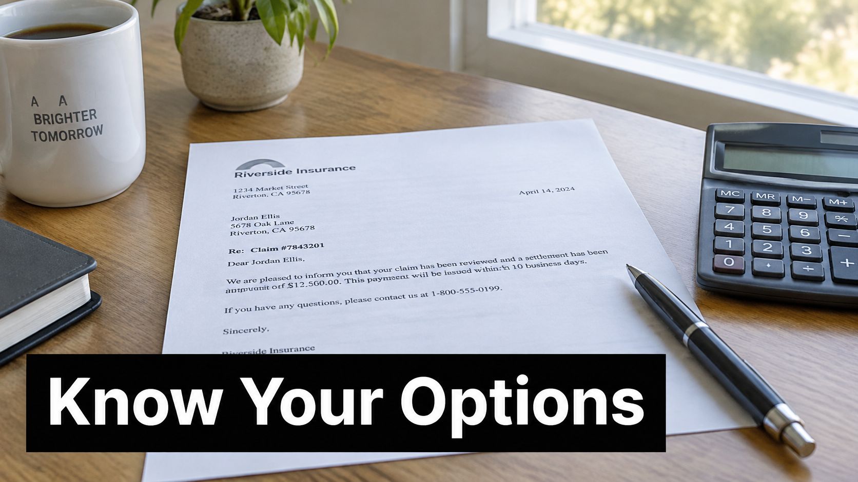 A letter from Riverside Insurance on a wooden desk with a coffee mug, calculator, and a pen.