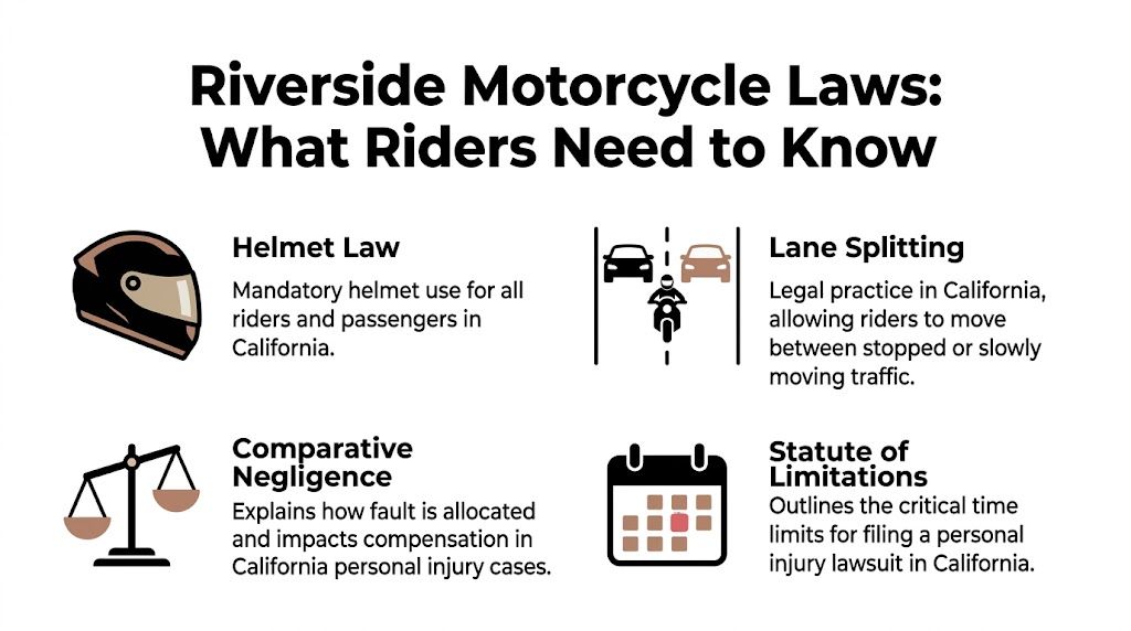 An infographic titled Riverside Motorcycle Laws covering helmet requirements, lane splitting, comparative negligence, and statute of limitations.
