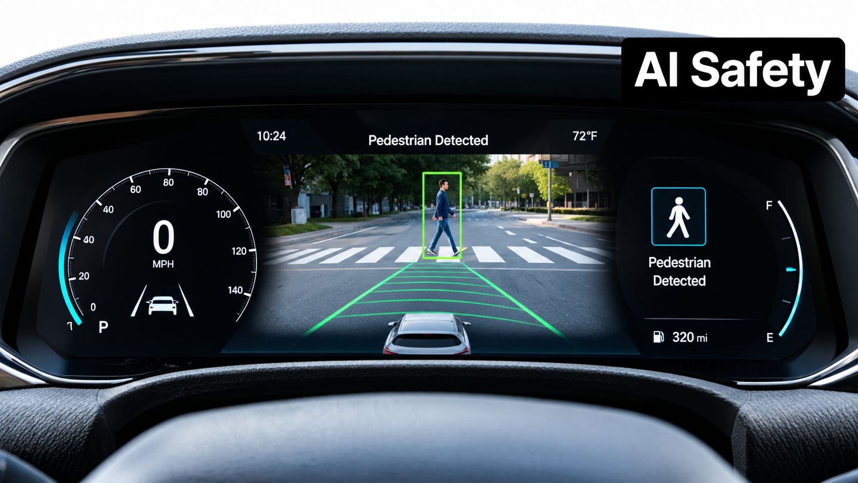 A digital car dashboard display showing a pedestrian being detected in a crosswalk while the car is stopped.