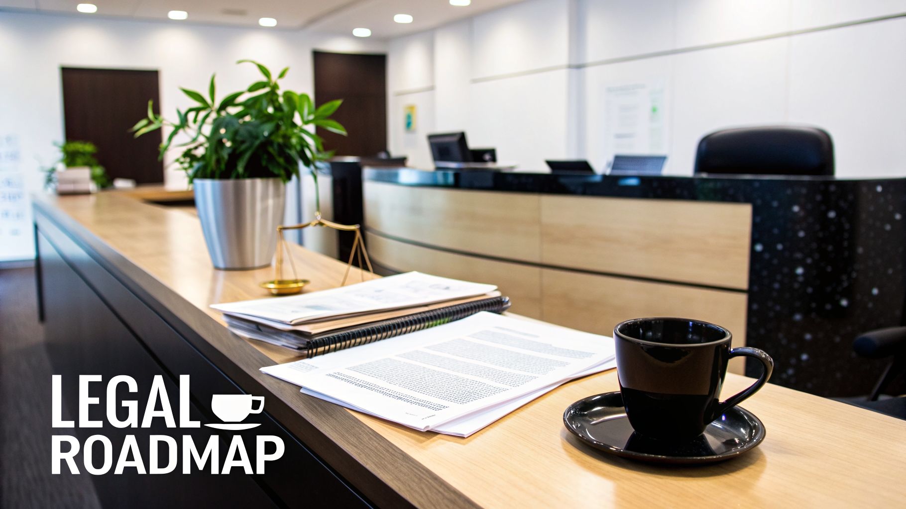 A professional office desk with legal documents, scales of justice, and a coffee cup, in a law firm.