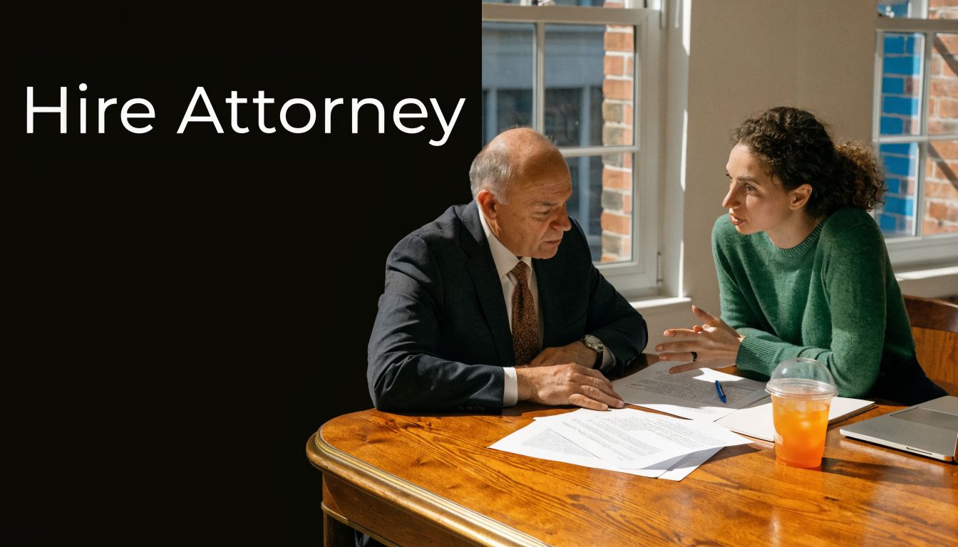 A professional attorney discussing legal documents with a client in a well-lit office setting.