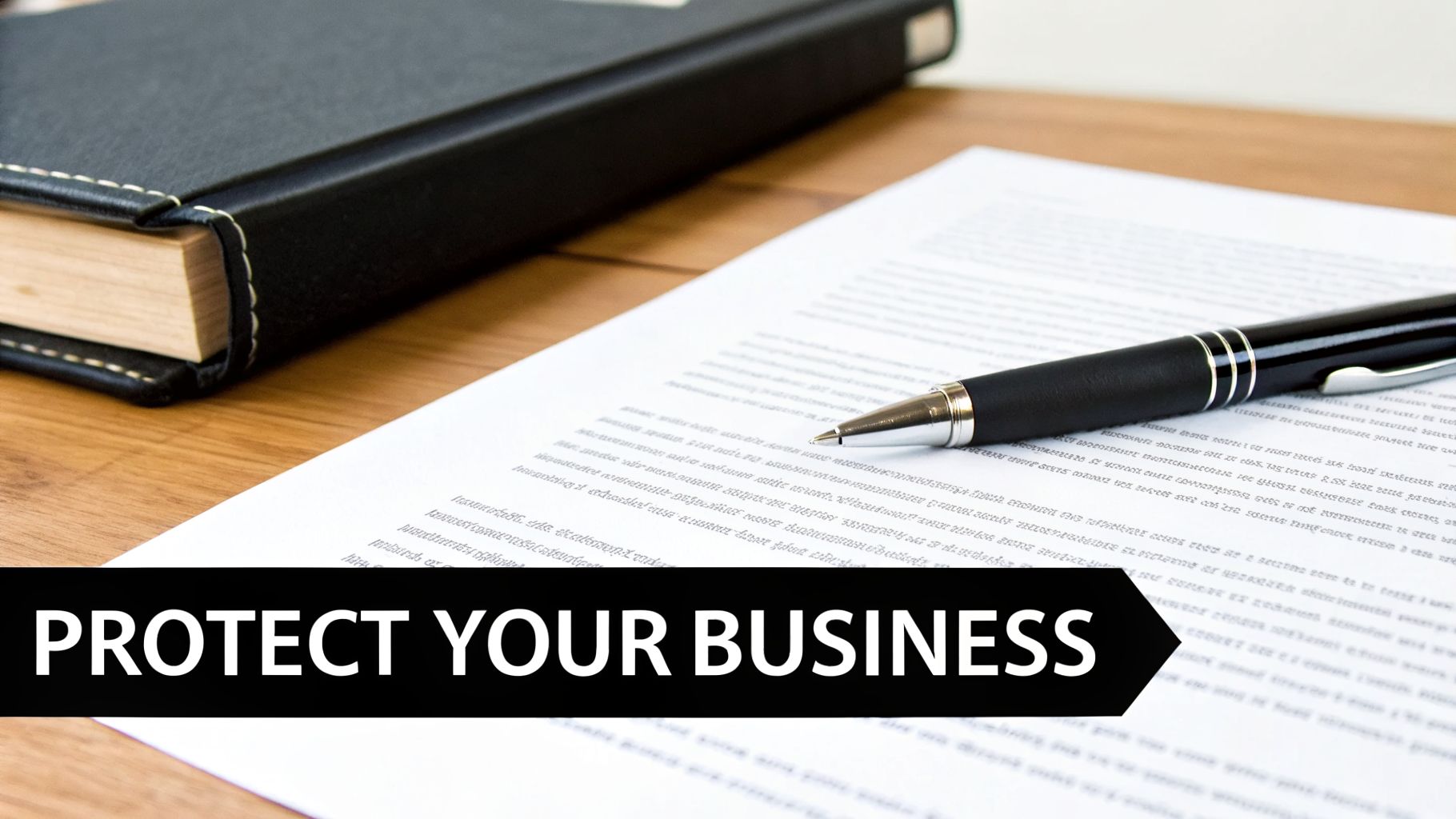 A black pen resting on a document with text, a black book, and a banner reading 'PROTECT YOUR BUSINESS'.