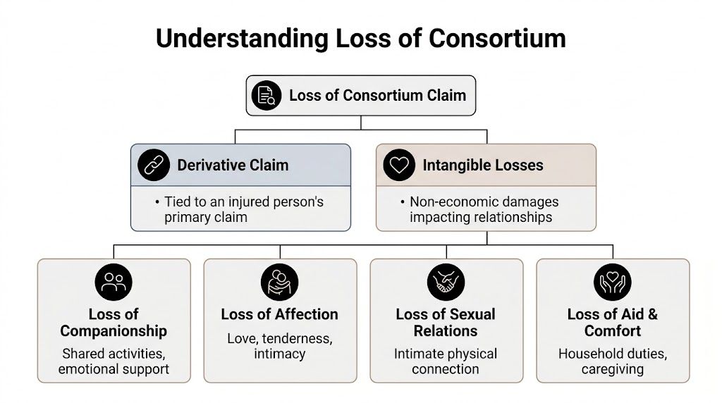 An educational infographic flowchart explaining the components of a legal loss of consortium claim in personal injury cases.