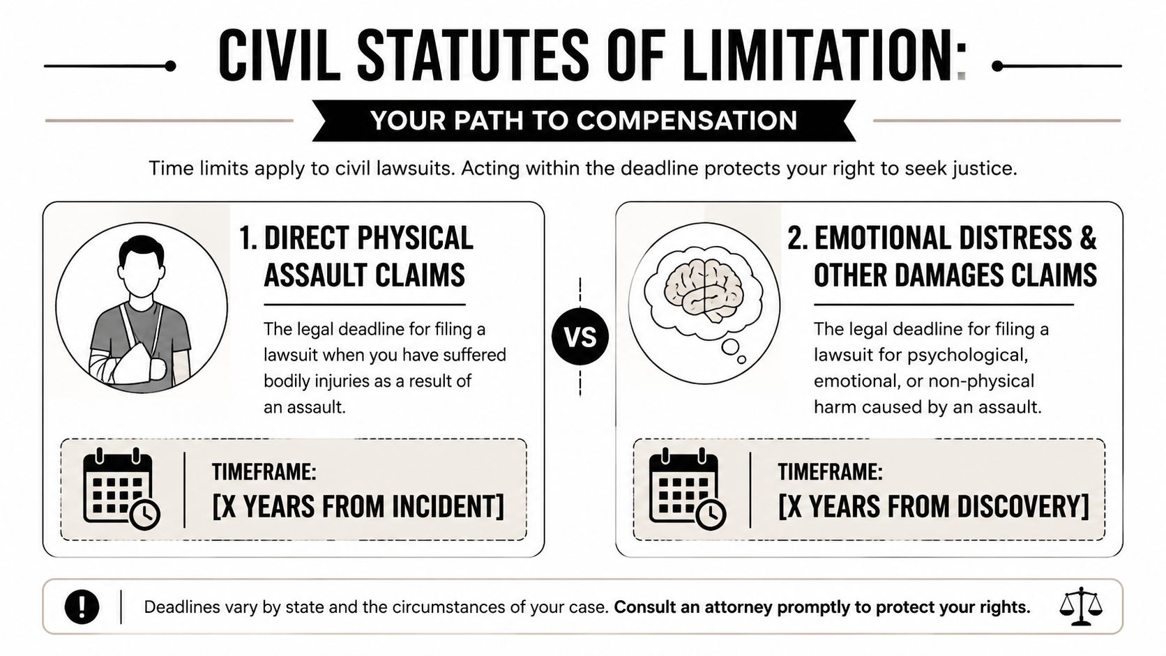 An infographic detailing civil statutes of limitation for assault claims involving physical versus emotional damages.