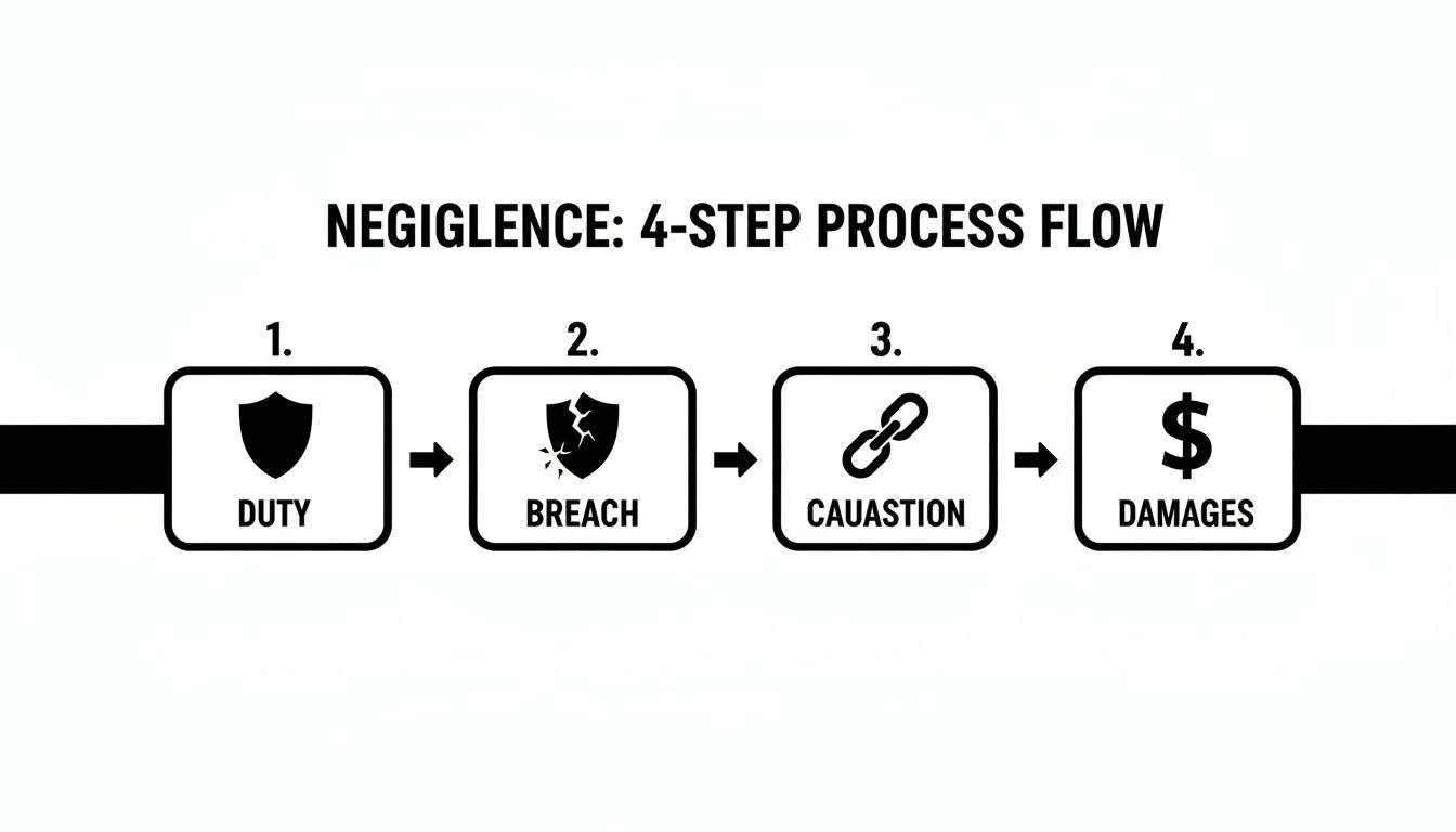 Flowchart illustrating the 4-step negligence process: duty, breach, causation, and damages.