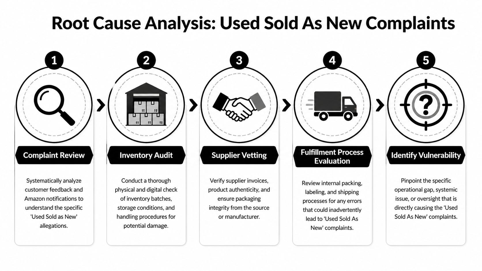 A five-step flowchart illustrating a root cause analysis process for addressing Used Sold as New complaints.