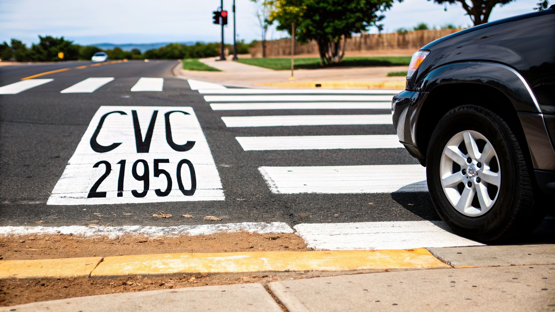 A black SUV waits at a pedestrian crosswalk with 'CVC 21950' painted on the asphalt.
