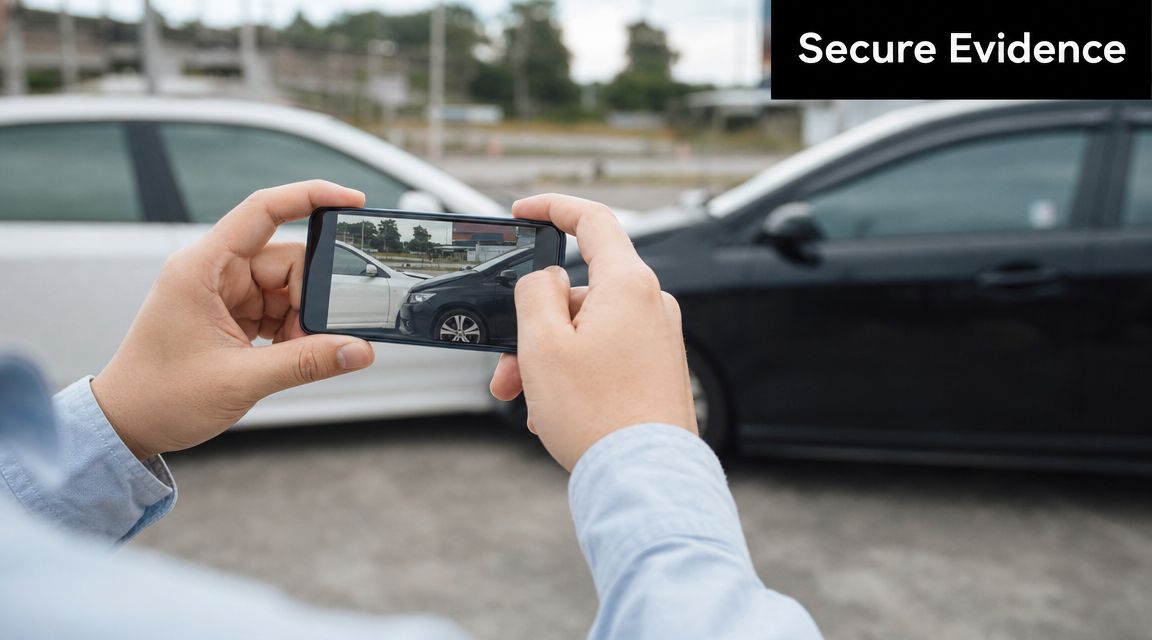A person using a smartphone to take a photo of two cars involved in a collision.