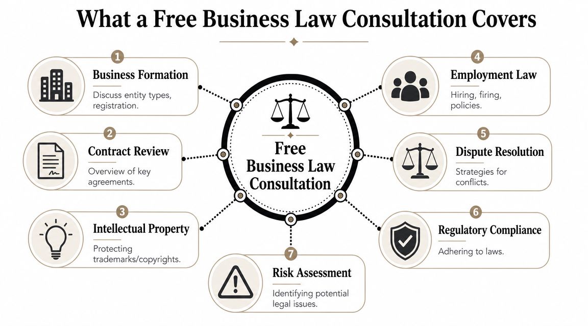 A diagram outlining the seven key areas covered during a free professional business law consultation session.