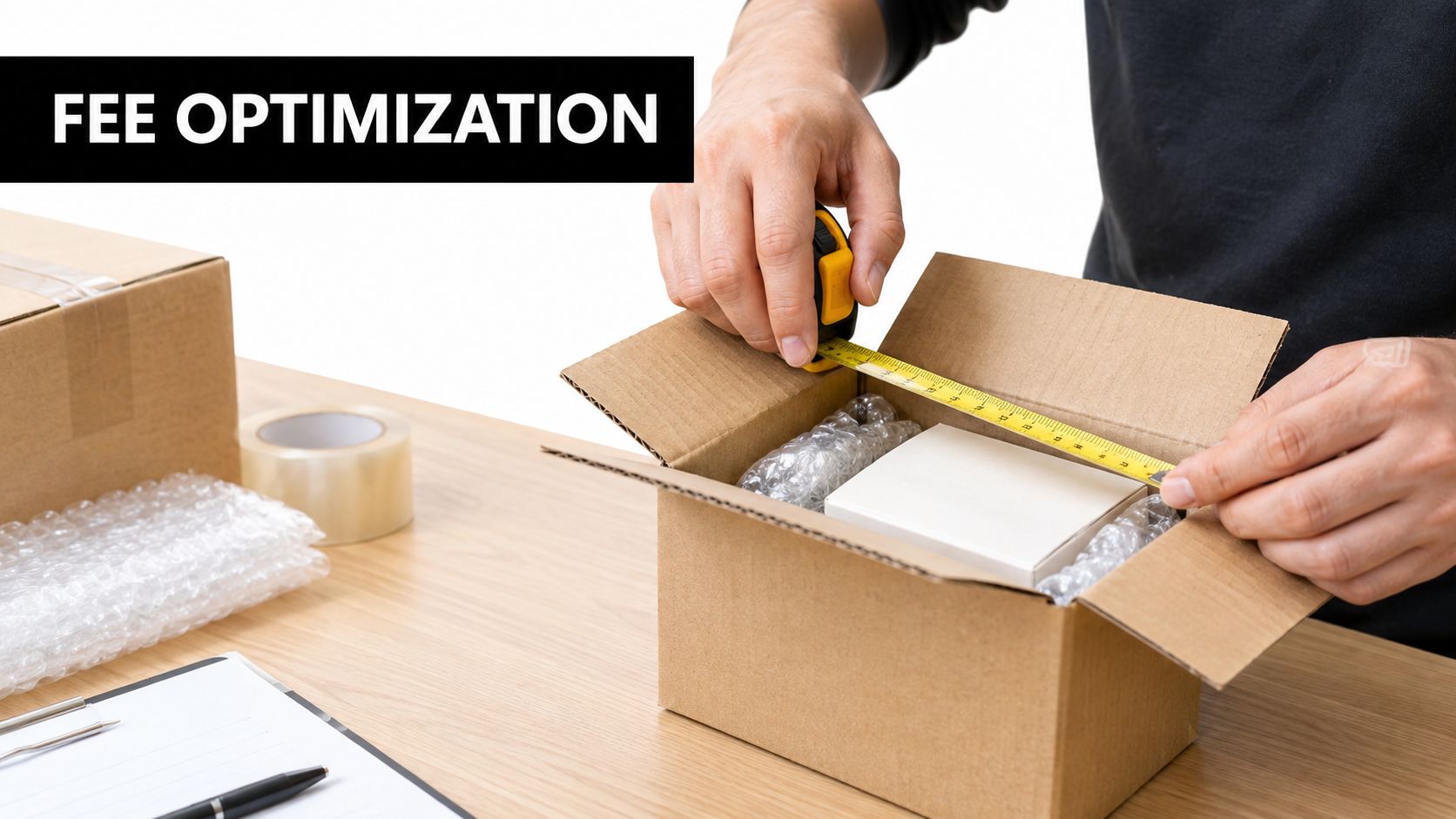 A person carefully measures a cardboard shipping box with a tape measure for Amazon fee optimization.