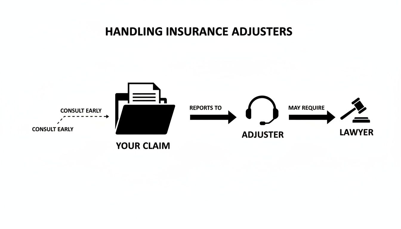 Flowchart illustrating the process of handling insurance adjusters, from filing a claim to potentially involving a lawyer, with emphasis on early consultation.