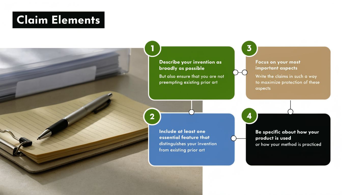 A diagram illustrating four key elements for drafting patent claims placed next to a notebook and pen.